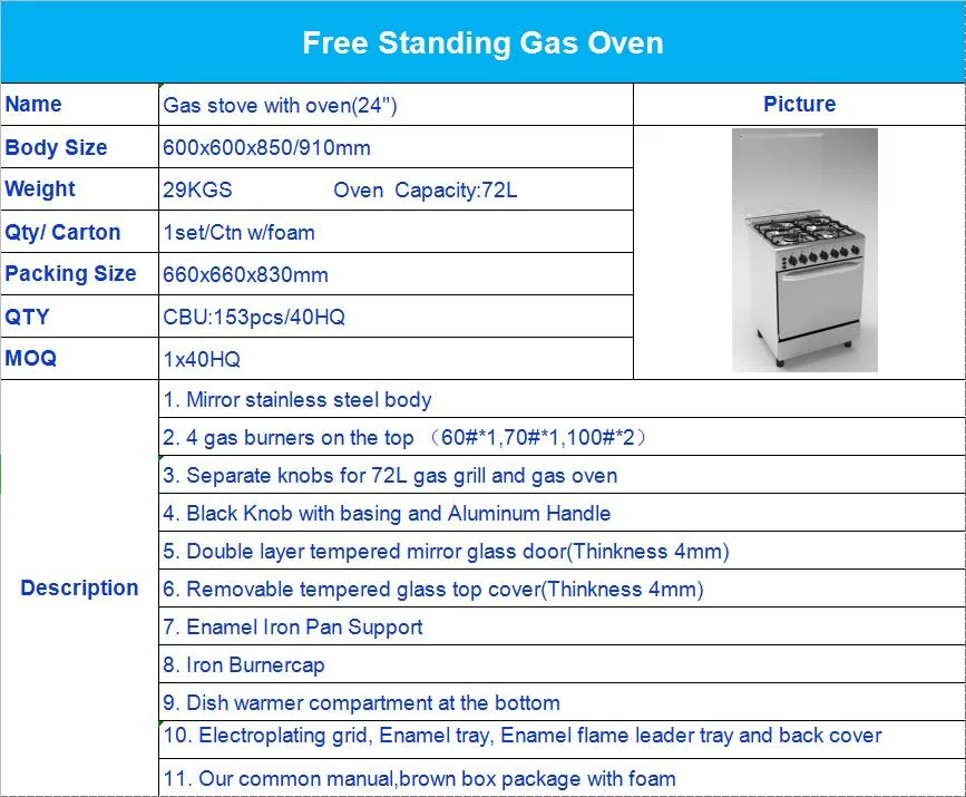 China Wholesale Xunda Oven Electric Frigide Gas Range with Oven and Cabinet